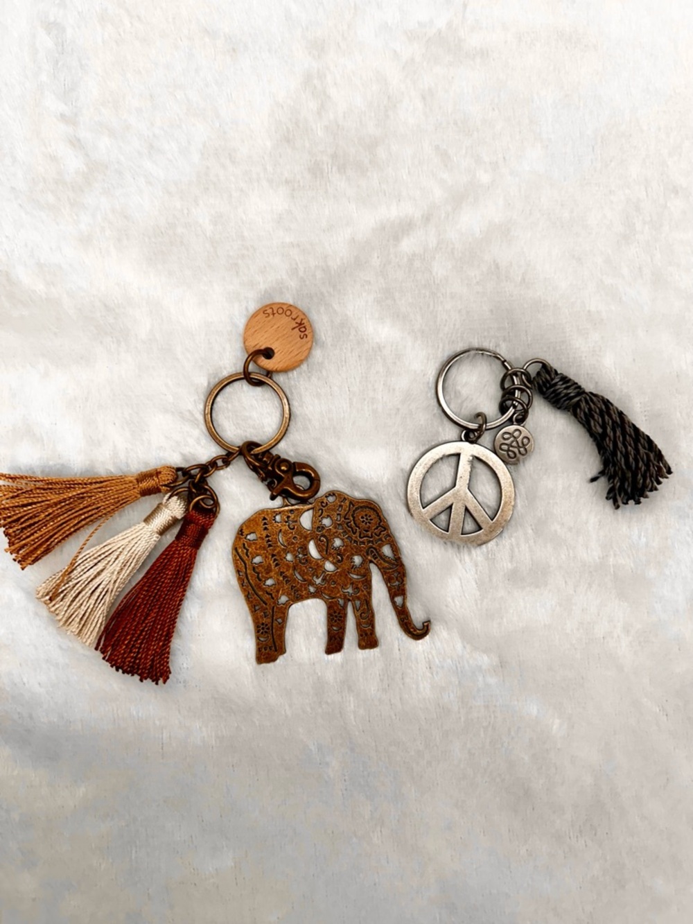 Boho Keychain Set Elephant Charm Tassel Peace Sign Purse Charm Bundle